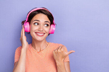 Photo of nice pretty lady trendy striped outfit arm direct look empty space buy modern technology...