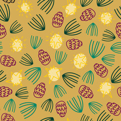 Colorful seamless pattern with pine, pine cones, cones and stars

