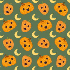 Fototapeta premium Halloween pattern with different pumpkins, spooky jack o lantern and moon.