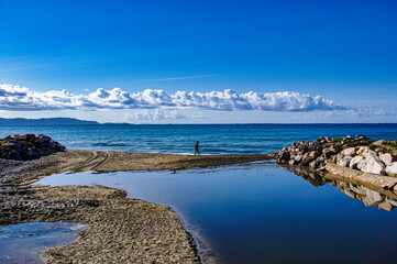 Panorama from the beach of the Sterpaia Natural Park in the Gulf of Follonica Piombino Tuscany Italy