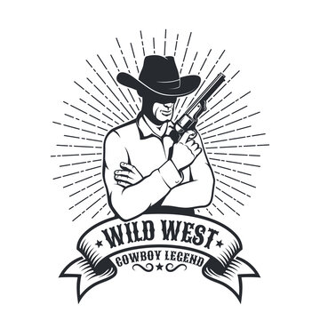 Cowboy with gun - western retro emblem. Wild west vintage logo with Gunslinger.