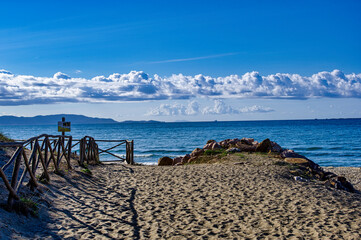 Panorama from the beach of the Sterpaia Natural Park in the Gulf of Follonica Piombino Tuscany Italy
