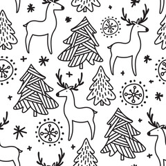 Monochrome seamless pattern with christmas trees, deer, star, snowlake isolated on transparent background