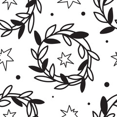 Monochrome seamless pattern with christmas wreathes and stars isolated on transparent background