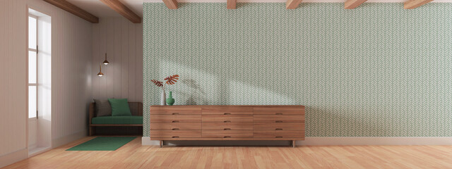 Fototapeta na wymiar Japandi living room in white and green tones. Wooden chest of drawers with wall mockup. Parquet and wallpaper. Interior design, panoramic view