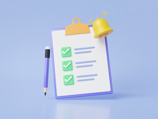 Checklist icon with bell notification clipboard paper assurance guarantee quality customer information financial business exam document correct mark floating on pastel background. 3d render