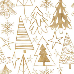 Obraz premium Seamless background textured watercolor pattern with golden trees and stars. Christmas mood golden pattern.