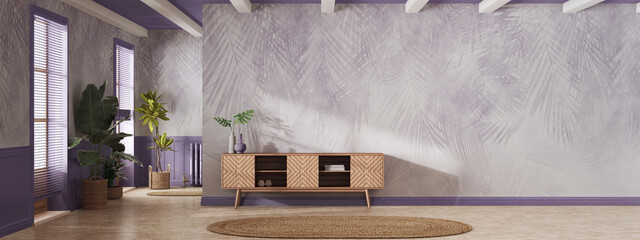 Japandi living room in white and purple tones. Wooden chest of drawers with wall mockup. Marble floor, panoramic view, wall mockup with wallpaper. Modern interior design