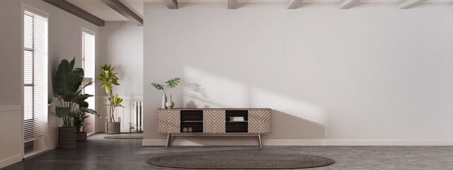 Japandi living room in white and dark tones. Wooden chest of drawers with wall mockup. Marble floor, panoramic view, wall mockup with wallpaper. Modern interior design