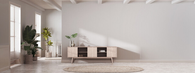 Japandi living room in white and bleached tones. Wooden chest of drawers with wall mockup. Marble floor, panoramic view, wall mockup with wallpaper. Modern interior design