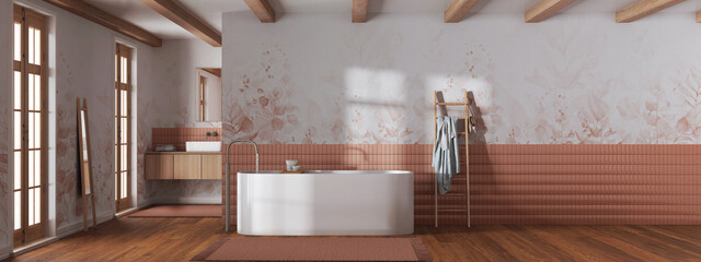 Japandi minimalist bathroom in white and orange tones. Bathtub and wooden washbasin. Panoramic view, wall mockup with wallpaper. Farmhouse interior design