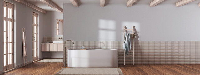 Japandi minimalist bathroom in white and bleached tones. Bathtub and wooden washbasin. Panoramic view, wall mockup. Farmhouse interior design