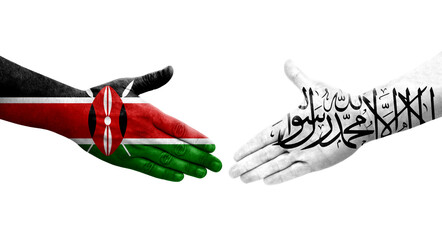 Handshake between Afghanistan and Kenya flags painted on hands, isolated transparent image.