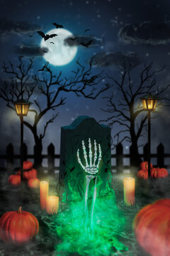 Vertical creative picture of skeleton hand zombie stick ground grave flying bats dark atmosphere forest background