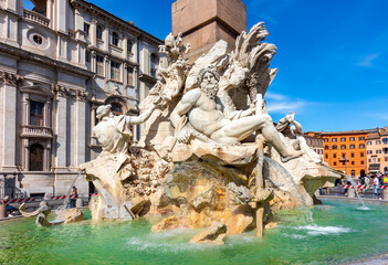 Fountain of Four Rivers (Fontana dei Quattro Fiumi) on Navona square in Rome, Italy - obrazy, fototapety, plakaty