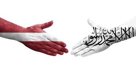 Handshake between Afghanistan and Latvia flags painted on hands, isolated transparent image.