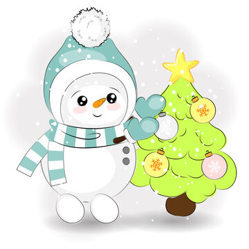 Christmas cute snowman decorates the Christmas tree, vector illustration