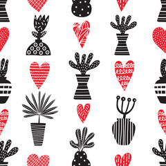 Cartoon seamless black pattern with abstract simple shapes, tropical leaves and decorative elements and hearts. Can be used in textile industry, paper, background, scrapbooking.Vector.