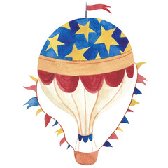 Vintage watercolor circus big ballon with decoration patterns, stars, flags garlands and big basket