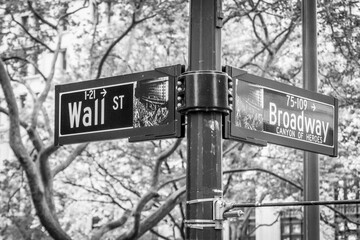 Broadway street sign in New York City USA, black and white