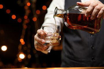 Bartender Serve Whiskey, on wood bar, 