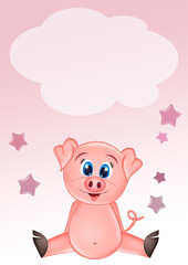 birth announcement card for baby girl with pig