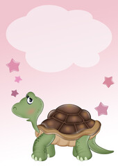 birth announcement card for baby girl with turtle