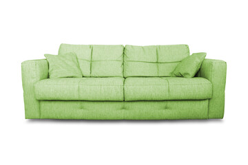 Green sofa or couch furniture in PNG isolated on transparent background