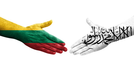 Handshake between Afghanistan and Lithuania flags painted on hands, isolated transparent image.