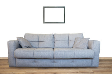 Interior of living room with sofa or couch furniture on wooden floor and mockup art frame in PNG isolated on transparent background
