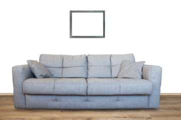 Interior of living room with sofa or couch furniture on wooden floor and mockup art frame in PNG isolated on transparent background