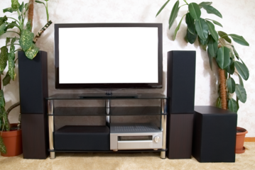 Home theatre with tv and hi-fi acoustic in PNG isolated on transparent background