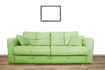Interior of living room with green sofa or couch furniture on wooden floor and mockup art frame in PNG isolated on transparent background
