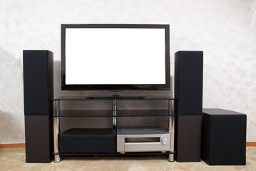 Home theatre with tv and hi-fi acoustic in PNG isolated on transparent background