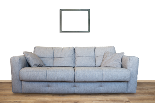 Interior of living room with sofa or couch furniture on wooden floor and mockup art frame in PNG isolated on transparent background