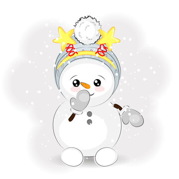 Cute Christmas snowman with stars on his head, vector illustration