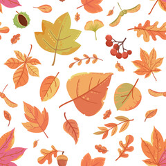 Seamless vector autumnal pattern. Frat autumn leaves, berries, chestnuts, maple seeds.