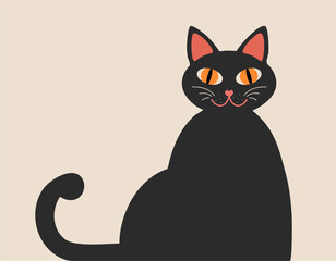 Vector illustration of a cute black cat with yellow eyes. Hand drawn poster. Isolated clipart.