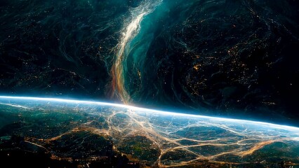 View from space of planet earth and all quantum energy of mankind v3