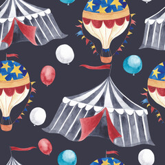 Fantasy vintage circus watercolor patterns with circus tents and balloons