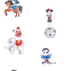 Fantasy vintage circus watercolor patterns with artists and animals 