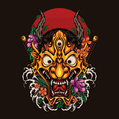 oni mask with waves and flowers ornament vector illustration