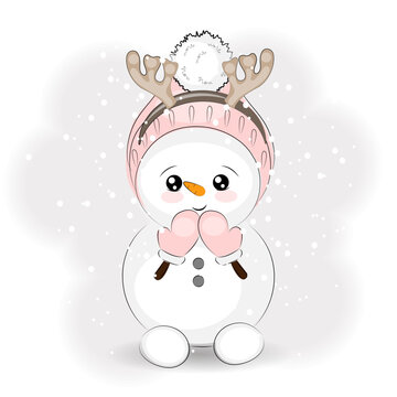 Cute Christmas snowman with reindeer antlers, vector illustration