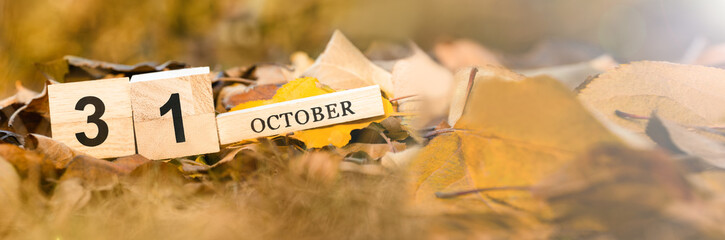 Letters 31 October on a wooden plate on the background of fallen leaves, close up. Autumn concept....