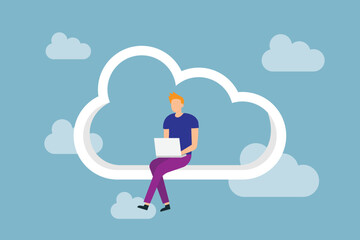 Entrepreneur sitting on cloud and working on laptop vector illustration concept for banner, website, illustration, landing page, flyer, etc.