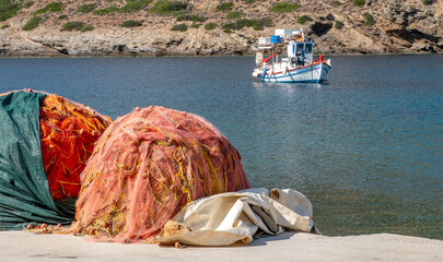 Fishing net on the pier at Faros on Sifnos Island in Greece