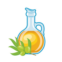 Glass bottle of extra virgin olive oil icon vector. Glass bottle with olive oil and green fresh olives fruit icon vector isolated on a white background