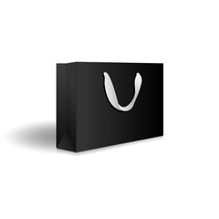 Blank black paper shopping bag or gift bag with ribbon handles mockup template. Isolated on white background with shadow. Ready to use for branding design. Realistic vector illustration.