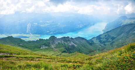 stunning view from Brienzer Rothorn mountain to lake Brienzersee, alpine landscape Bernese Oberland