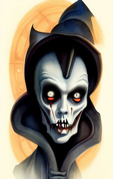 Scary horror monster portrait digital painting. Illustration of evil demonic face, vampire, undead, witch. Halloween.